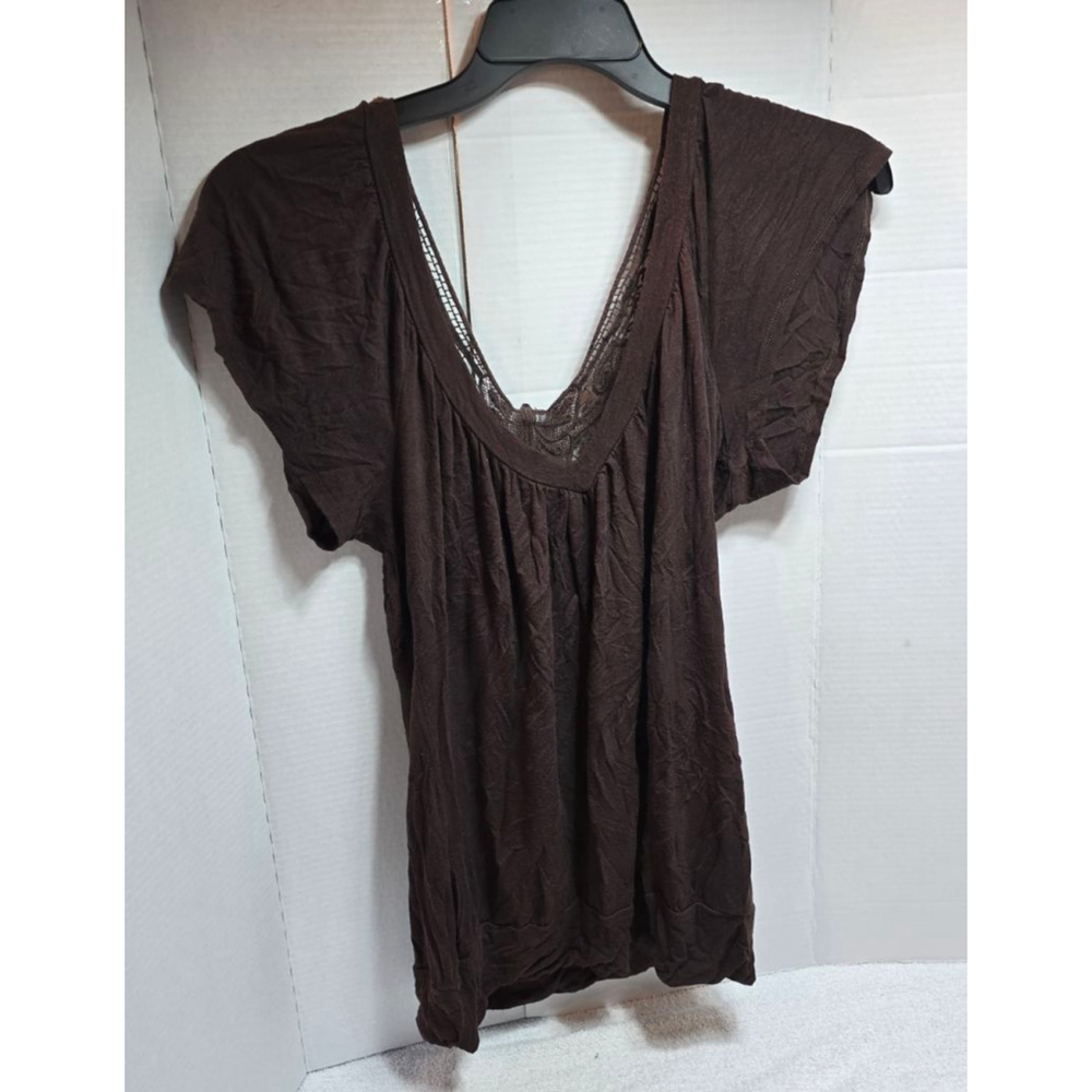 Women's Studio F Brown Short Sleeve Tee with Lace Detail, Size L